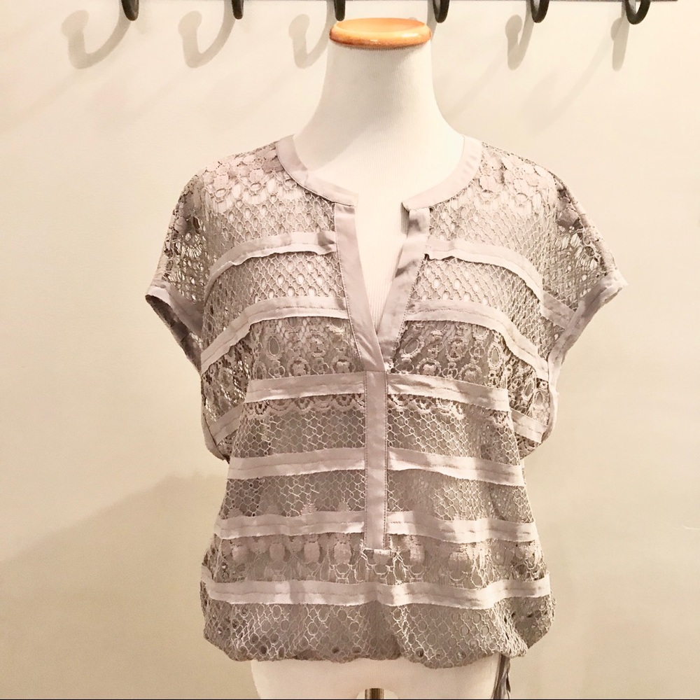 BCBG Maxazria Silk Gray Lace Top in size M